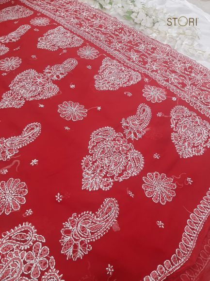 Bridal Red Sanah Handcrafted Lucknowi Chikankari Saree