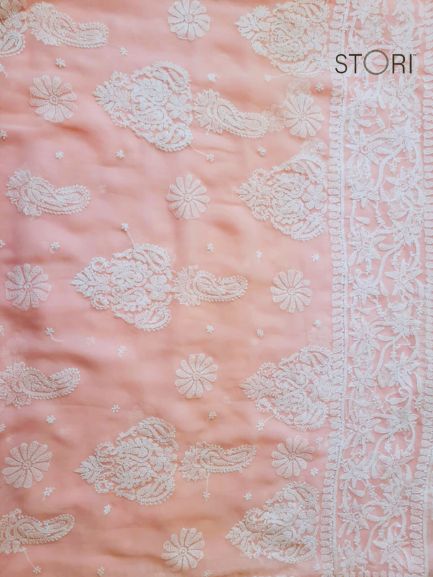 Light Peach Sanah Handcrafted Lucknowi Chikankari Saree