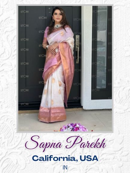 Sanpa Parekh i Ivory White Copper Zari Woven Linen Silk Saree