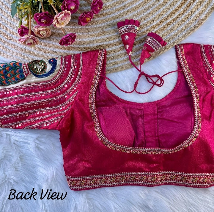 3-D Peacock Sleeves Appliqued Designer Blouse- Plus Size