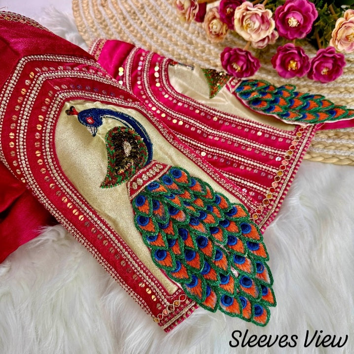 3-D Peacock Sleeves Appliqued Designer Blouse- Plus Size