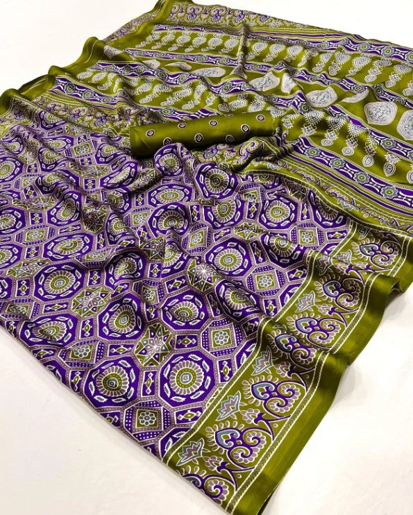 Purple & Green Ajrakh Printed Saree