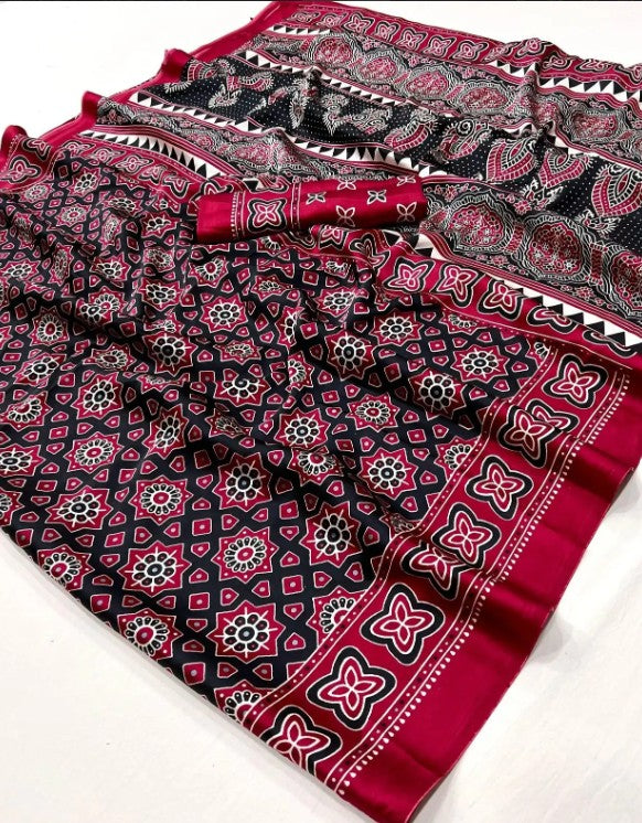 Black & Red Ajrakh Printed Saree
