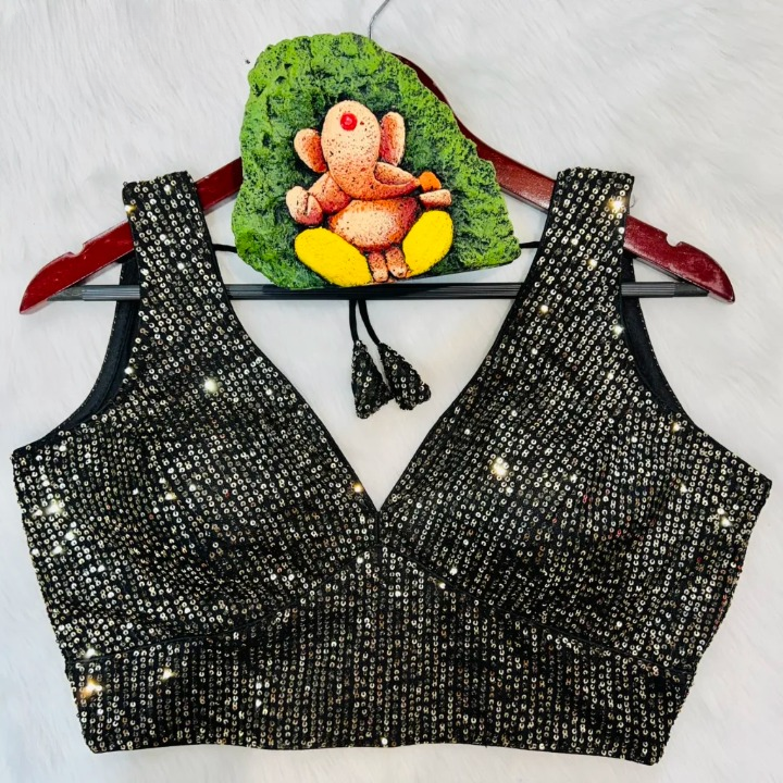 Black Sequin Embroidered Readymade Blouse With Short Sleeves