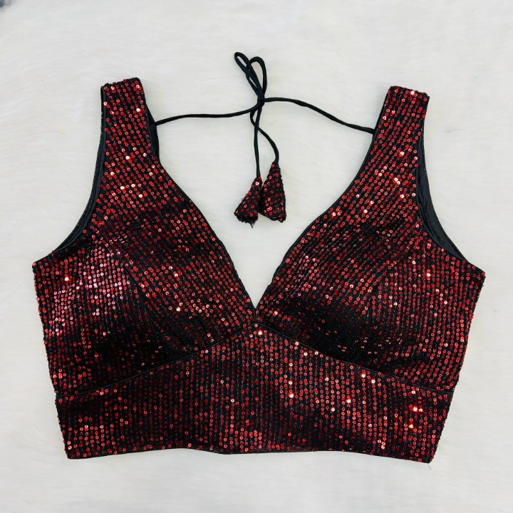 Black Red Sequin Embroidered Readymade Blouse With Short Sleeves