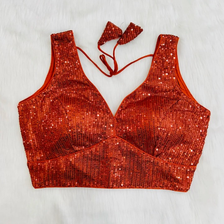 Red Sequin Embroidered Readymade Blouse With Short Sleeves