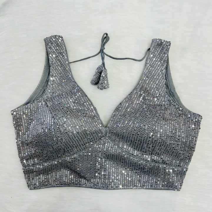 Grey Sequin Embroidered Readymade Blouse With Short Sleeves
