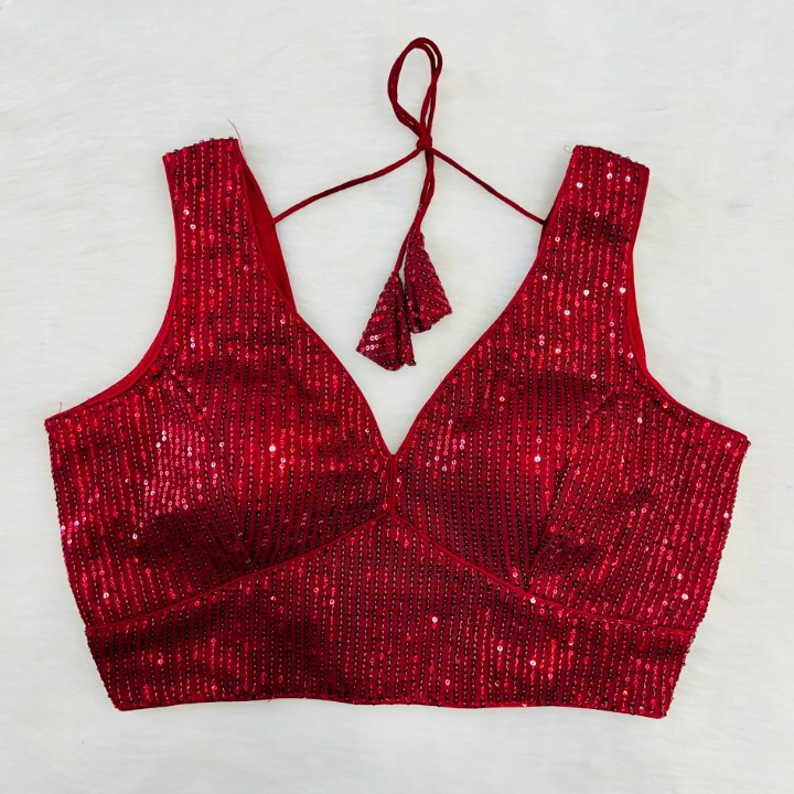 Maroon Sequin Embroidered Readymade Blouse With Short Sleeves
