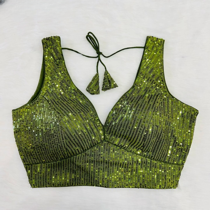 Mehendi Green Sequin Embroidered Readymade Blouse With Short Sleeves