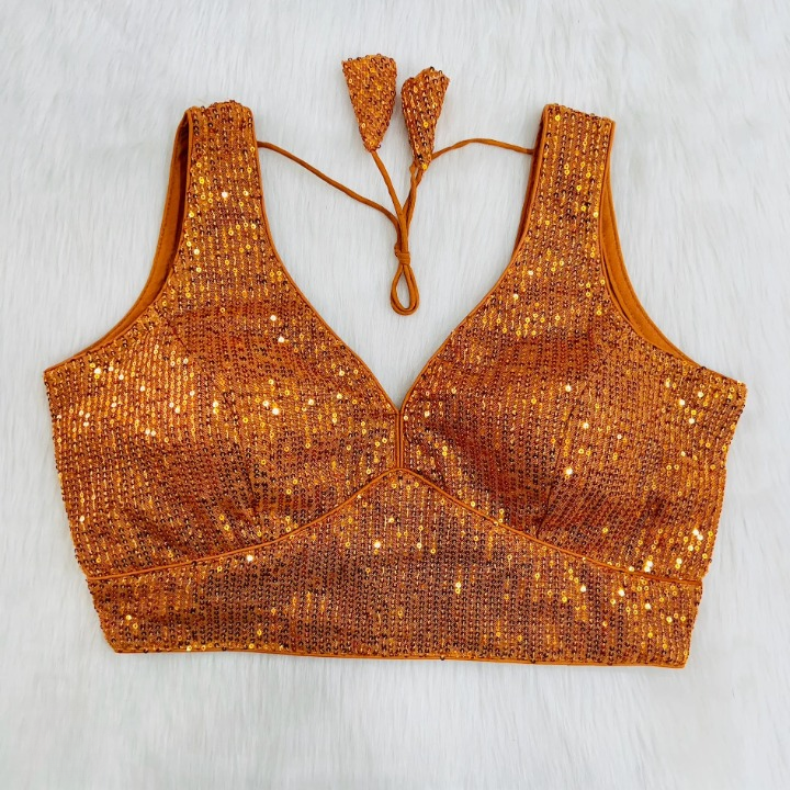 Yellow Sequin Embroidered Readymade Blouse With Short Sleeves