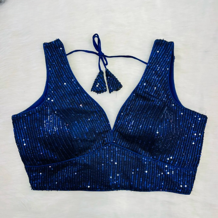 Navy Blue Sequin Embroidered Readymade Blouse With Short Sleeves
