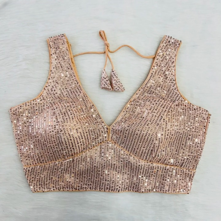 Peach Sequin Embroidered Readymade Blouse With Short Sleeves