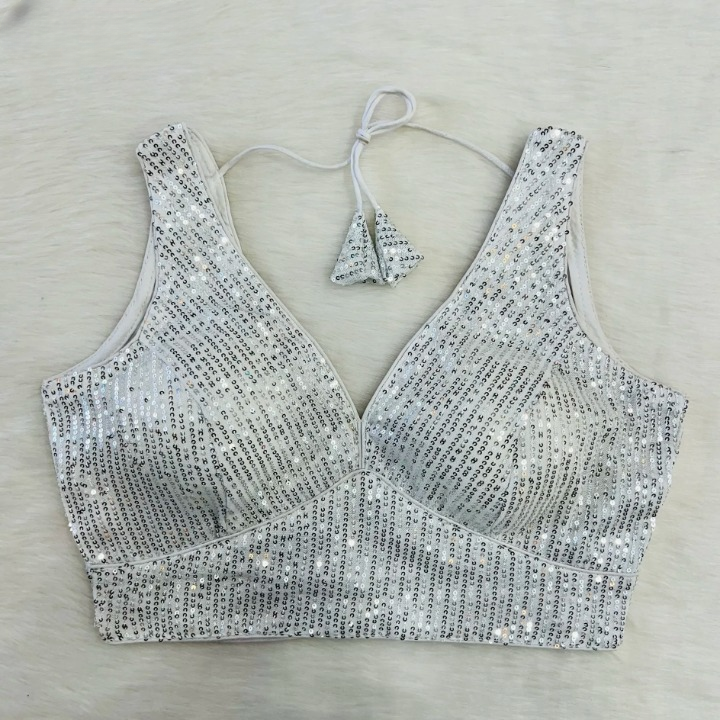 Silver White Sequin Embroidered Readymade Blouse With Short Sleeves