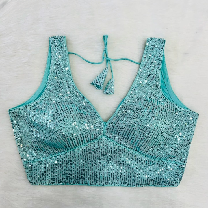 Sky Blue Sequin Embroidered Readymade Blouse With Short Sleeves