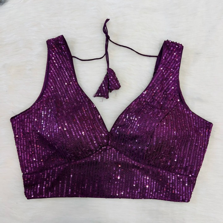 Wine Sequin Embroidered Readymade Blouse With Short Sleeves