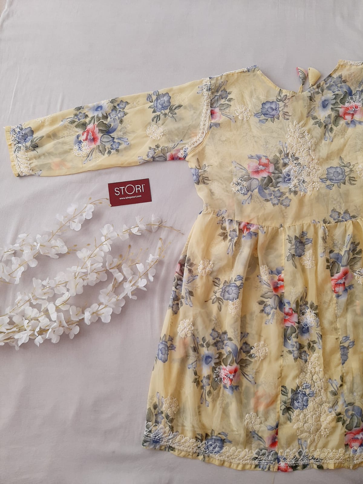 Butter Yellow Printed Floral Georgette Short Chikankari Kurti With Dori