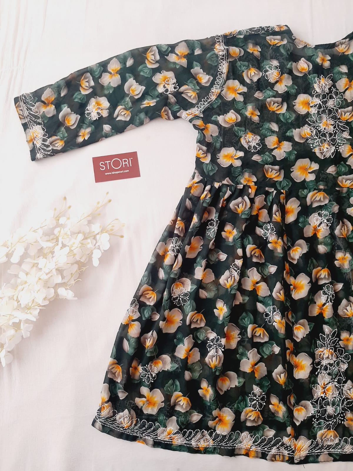 Green Printed Floral Georgette Short Chikankari Kurti With Dori