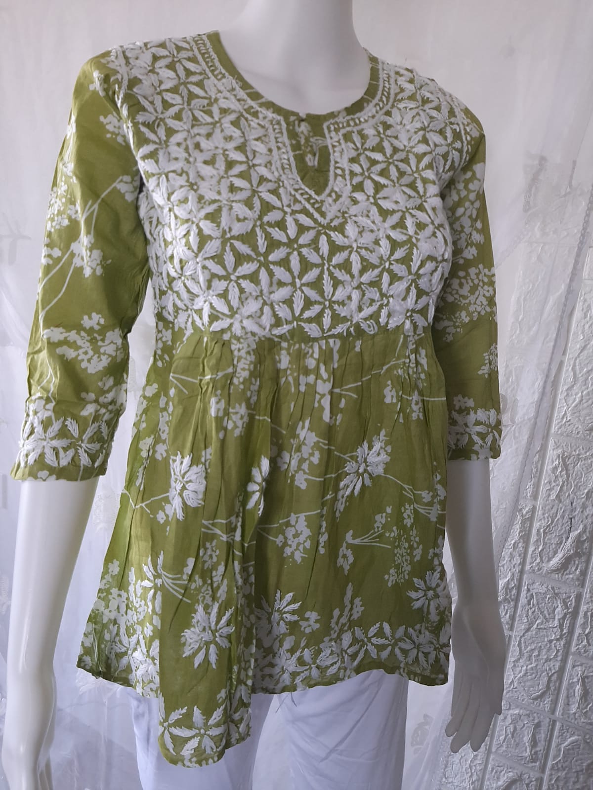 Bloom Printed Olive Green Cotton Mulmul Chikankari Short Kurti