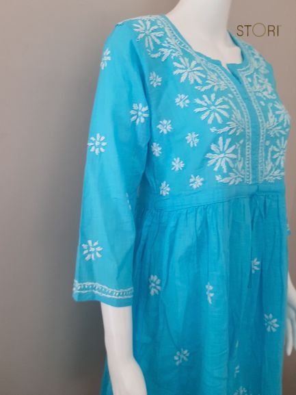 Sky Blue Slub Cotton Handcrafted Chikankari Short Kurti