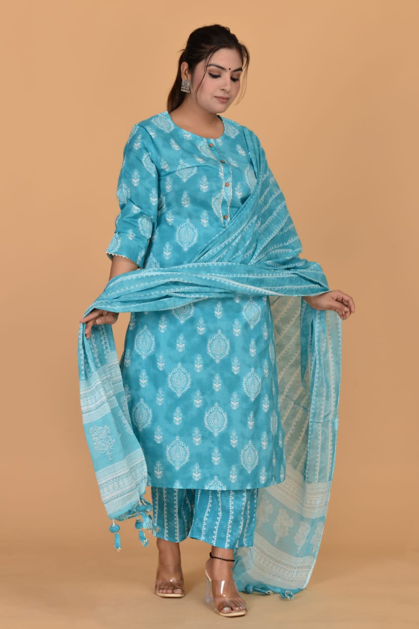 Shop Sky Blue Cotton Kurti Set Online - STORI
