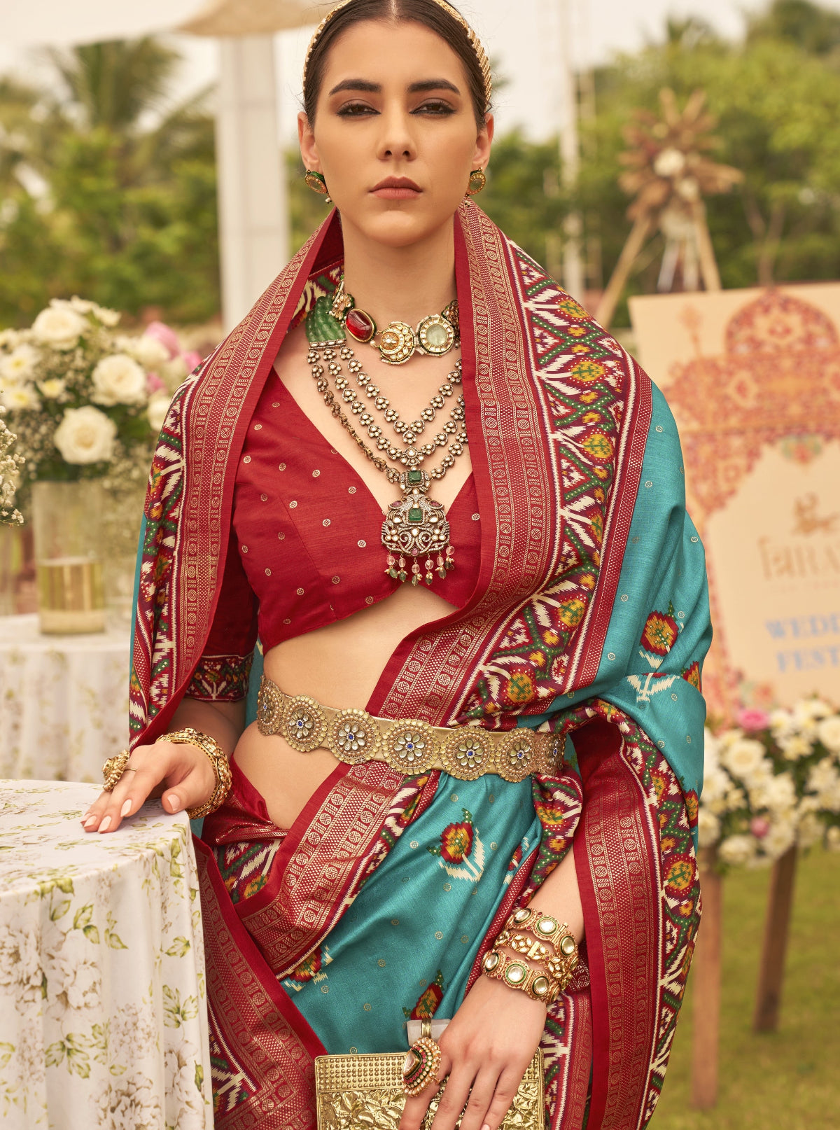 Shop Aquamarine Blue Patola Silk Saree for Wedding at STORI