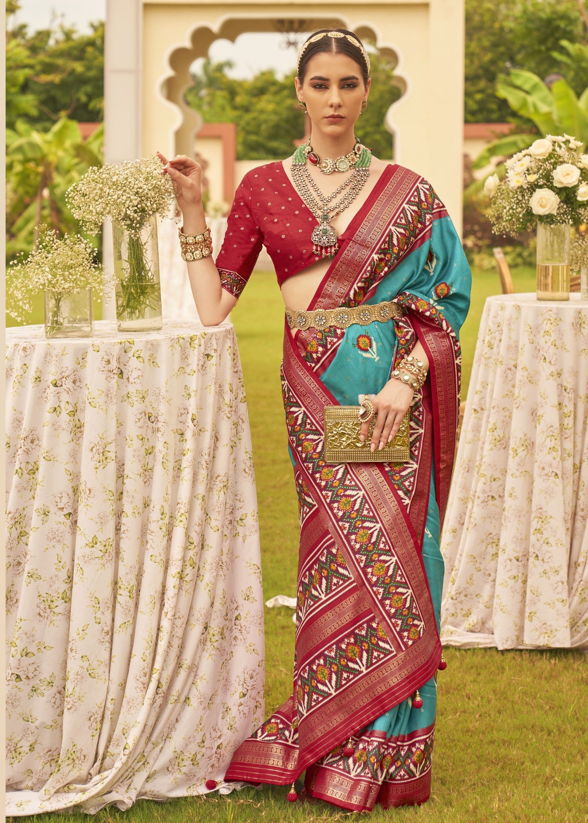 Shop Aquamarine Blue Patola Silk Saree for Wedding at STORI