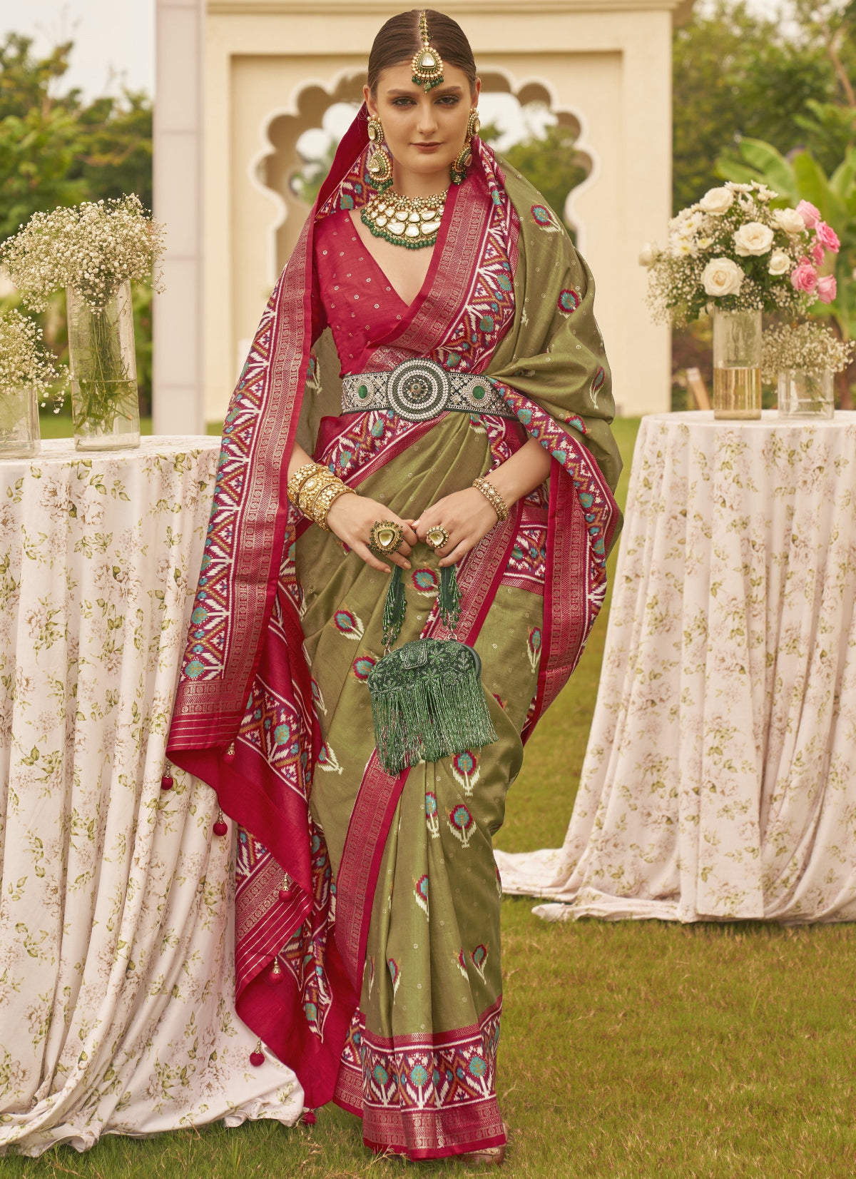 Shop Olive Green Patola Silk Saree for Wedding at STORI