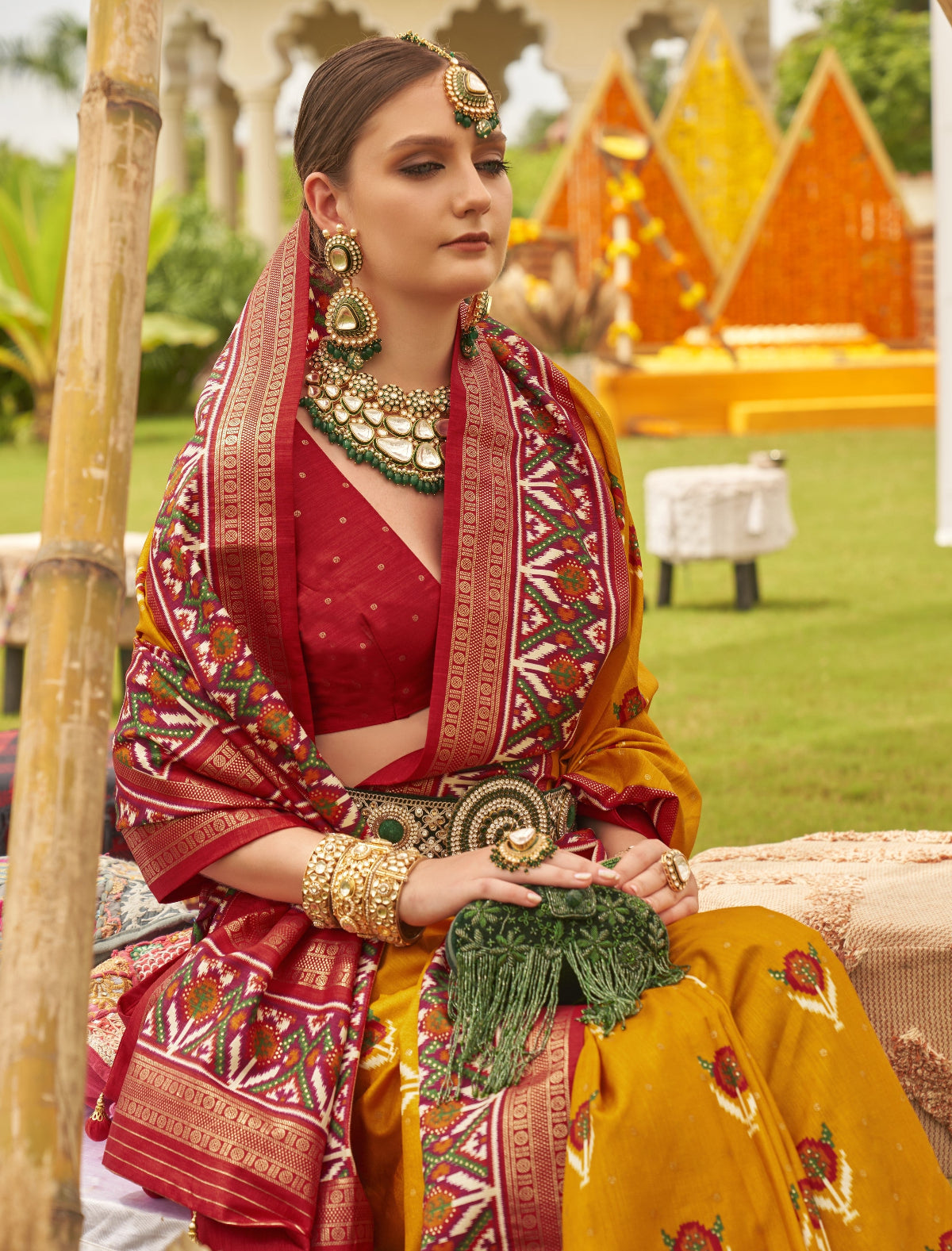 Shop Mustard Yellow Patola Silk Saree for Wedding at STORI