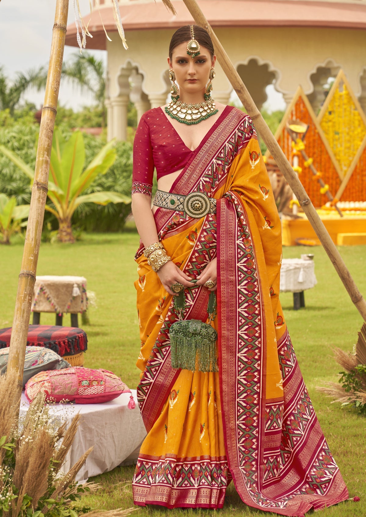 Shop Mustard Yellow Patola Silk Saree for Wedding at STORI