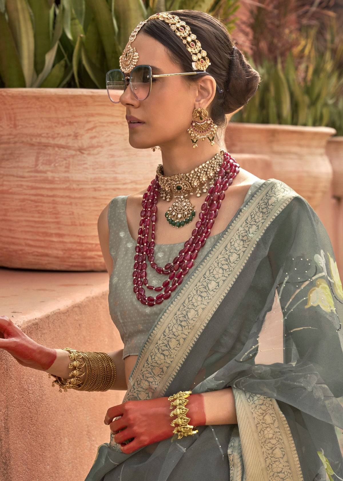 Shop Teal Green Floral Organza Silk Saree Online - STORI
