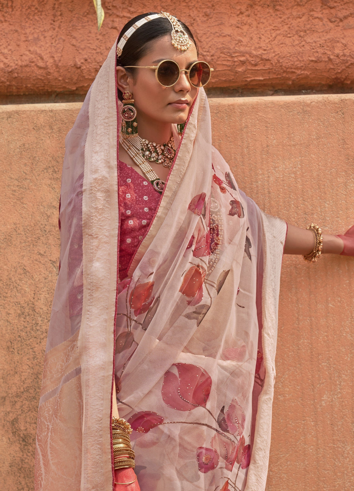 Shop Light Pink Floral Organza Silk Saree Online - STORI
