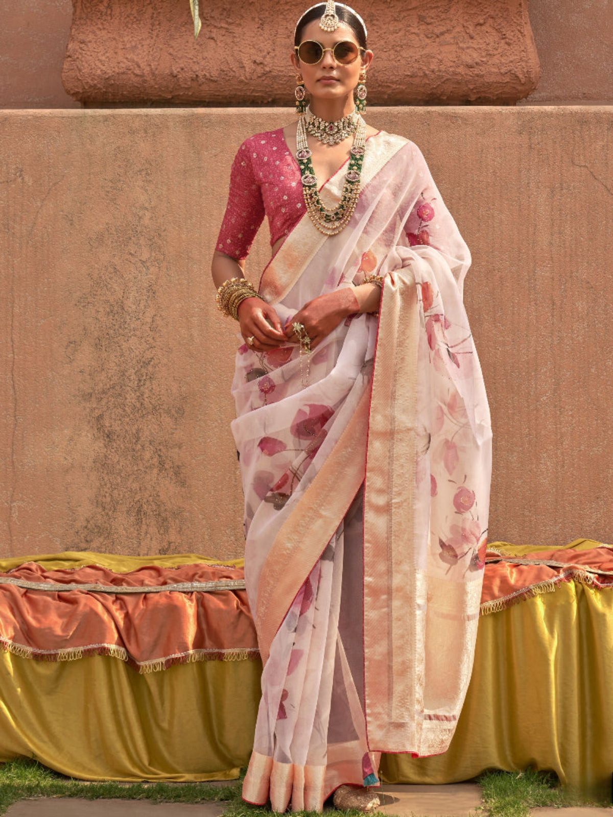 Shop Light Pink Floral Organza Silk Saree Online - STORI
