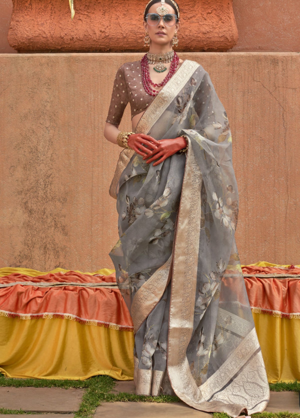 Shop Grey Floral Organza Silk Saree Online - STORI