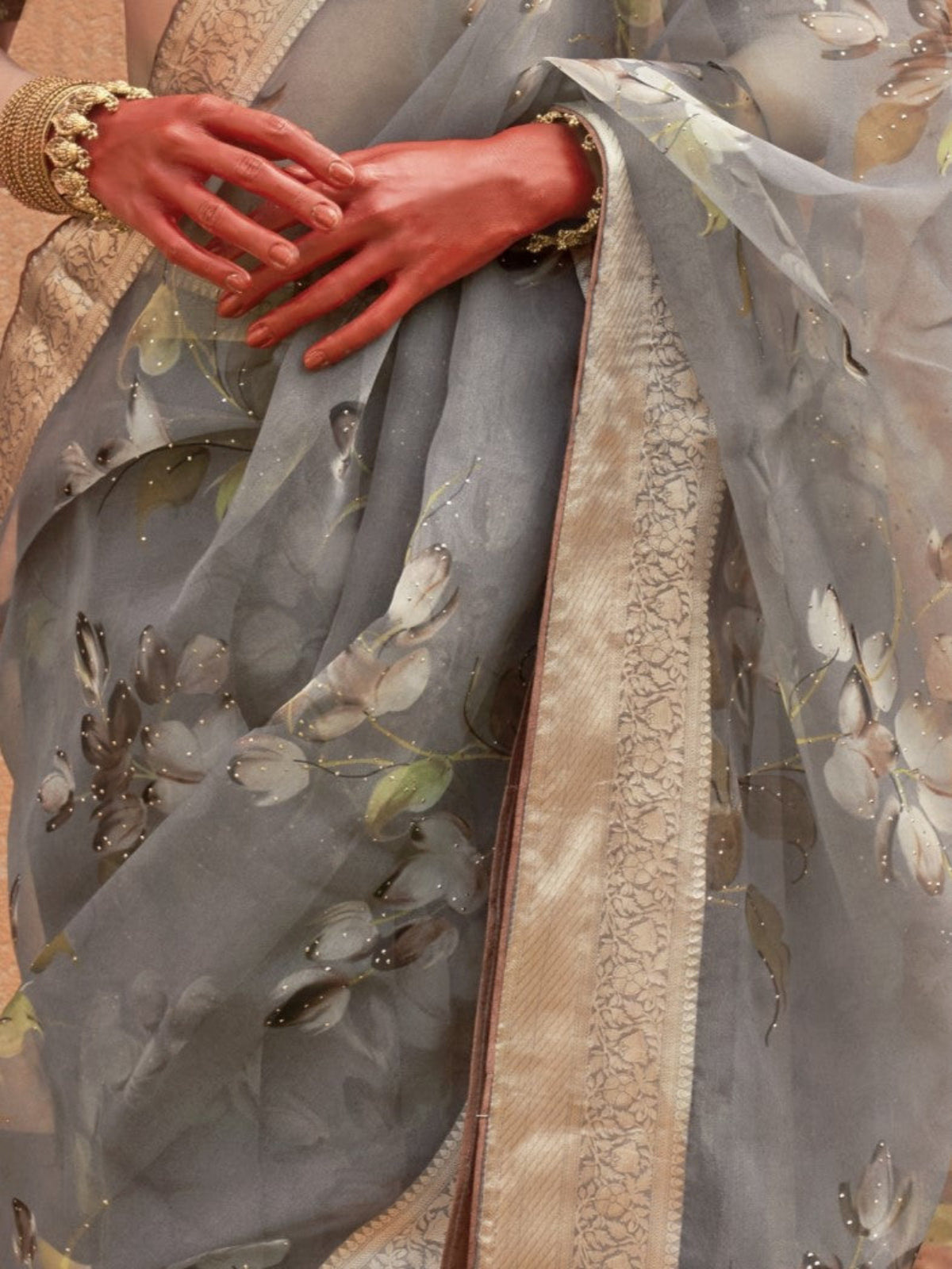 Shop Grey Floral Organza Silk Saree Online - STORI