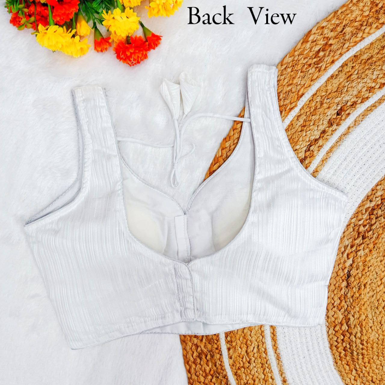 White Textured Solid Color Silk Blouse With Elbow Sleeves