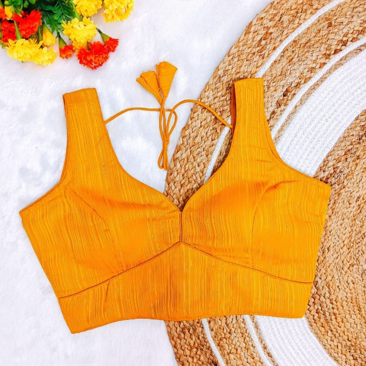 Mustard Yellow Textured Solid Color Silk Blouse With Elbow Sleeves