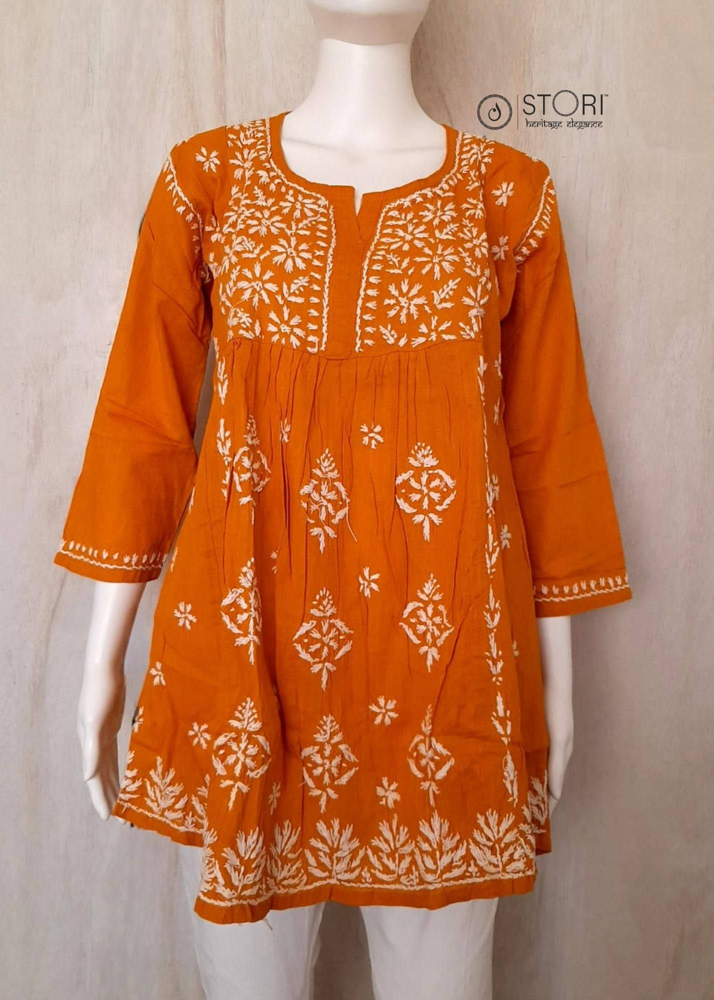Mustard Yellow Slub Cotton Handcrafted Chikankari Short Kurti