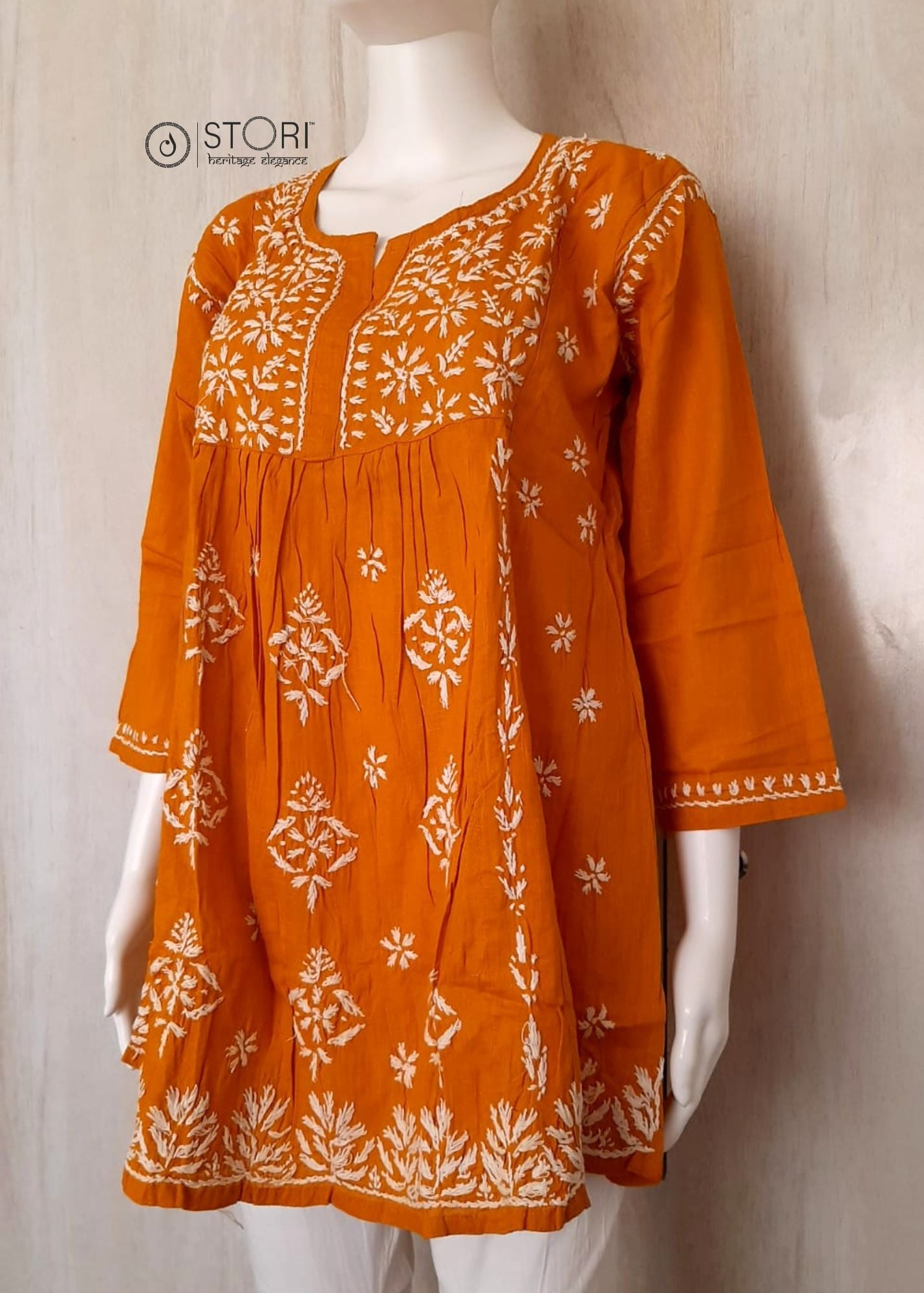 Mustard Yellow Slub Cotton Handcrafted Chikankari Short Kurti