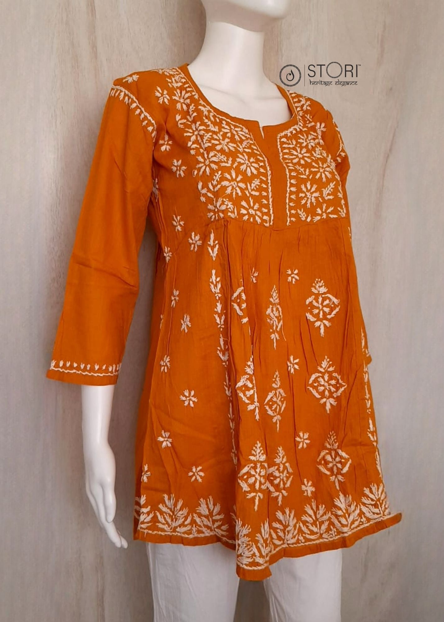 Mustard Yellow Slub Cotton Handcrafted Chikankari Short Kurti