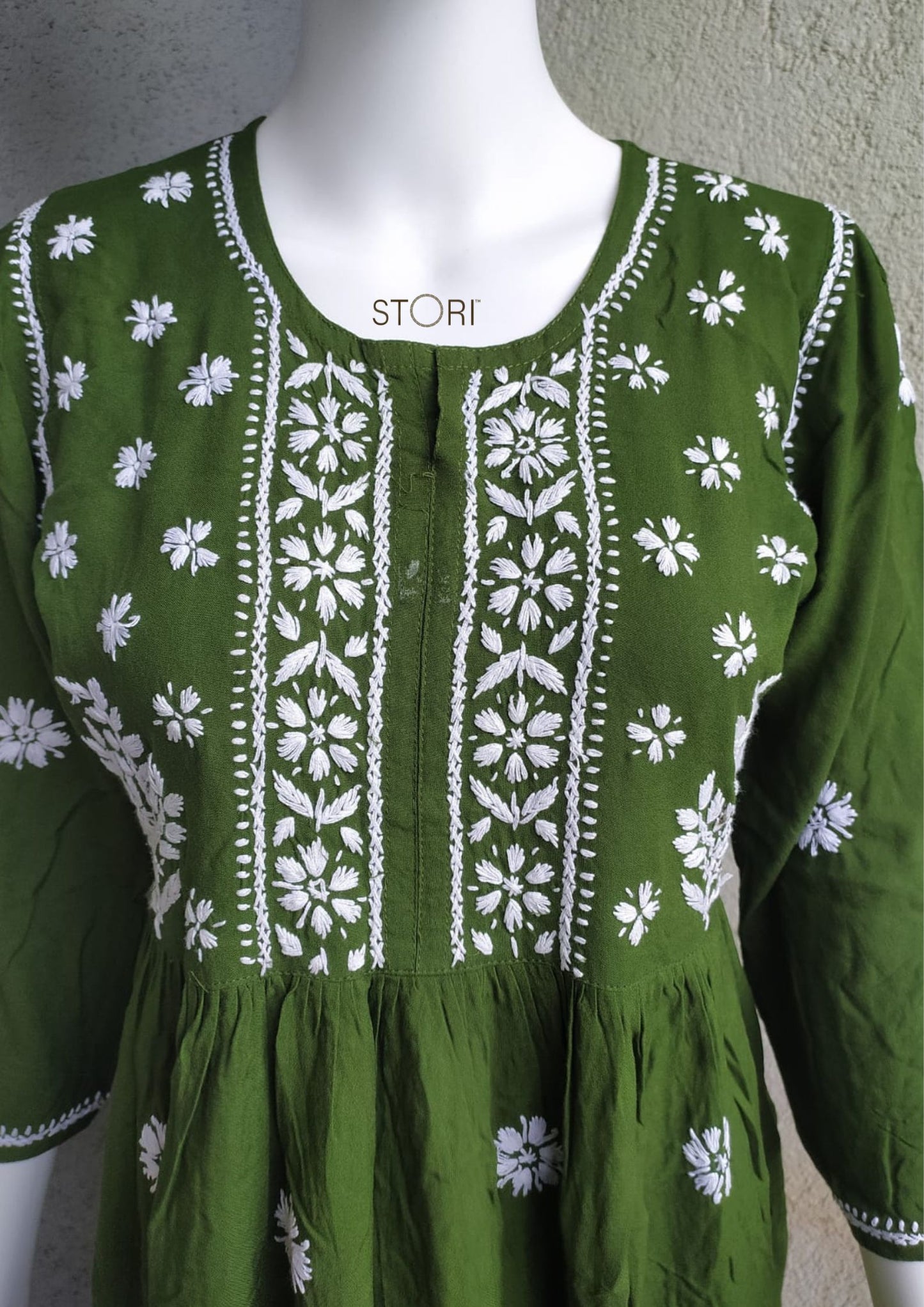 Mehendi Green Flared Rayon Short Chikankari Gown Kurti