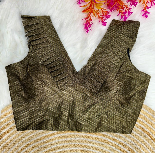 Black Frilled V-Neck Jacquard Designer Blouse