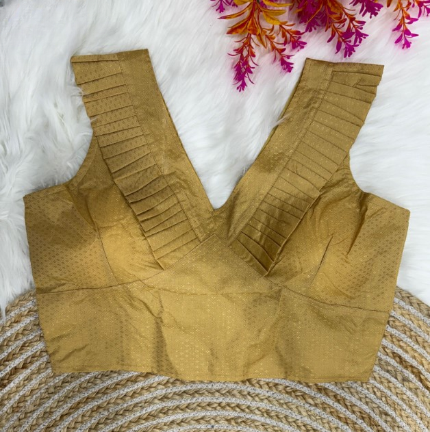 Gold Frilled V-Neck Jacquard Designer Blouse