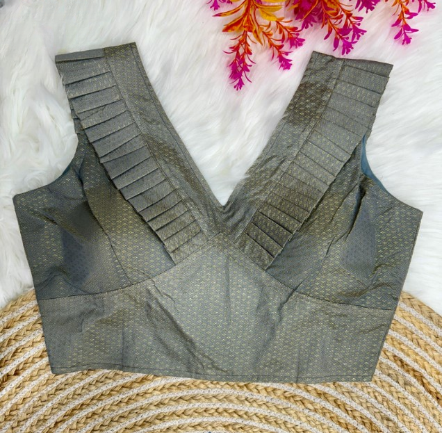 Grey Frilled V-Neck Jacquard Designer Blouse