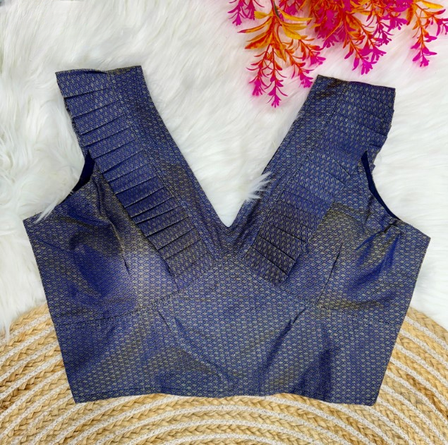 Navy Frilled V-Neck Jacquard Designer Blouse
