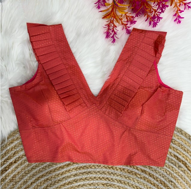 Peach Frilled V-Neck Jacquard Designer Blouse
