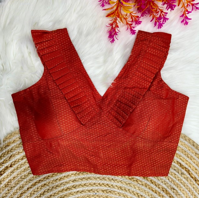 Red Frilled V-Neck Jacquard Designer Blouse