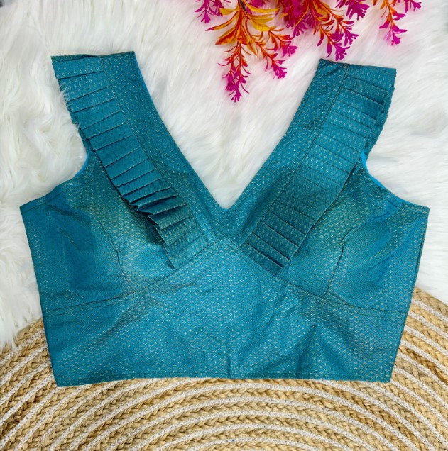 Blue Frilled V-Neck Jacquard Designer Blouse