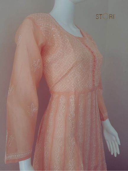 Peach Voile Cotton Anarkali Chikankari Kurti