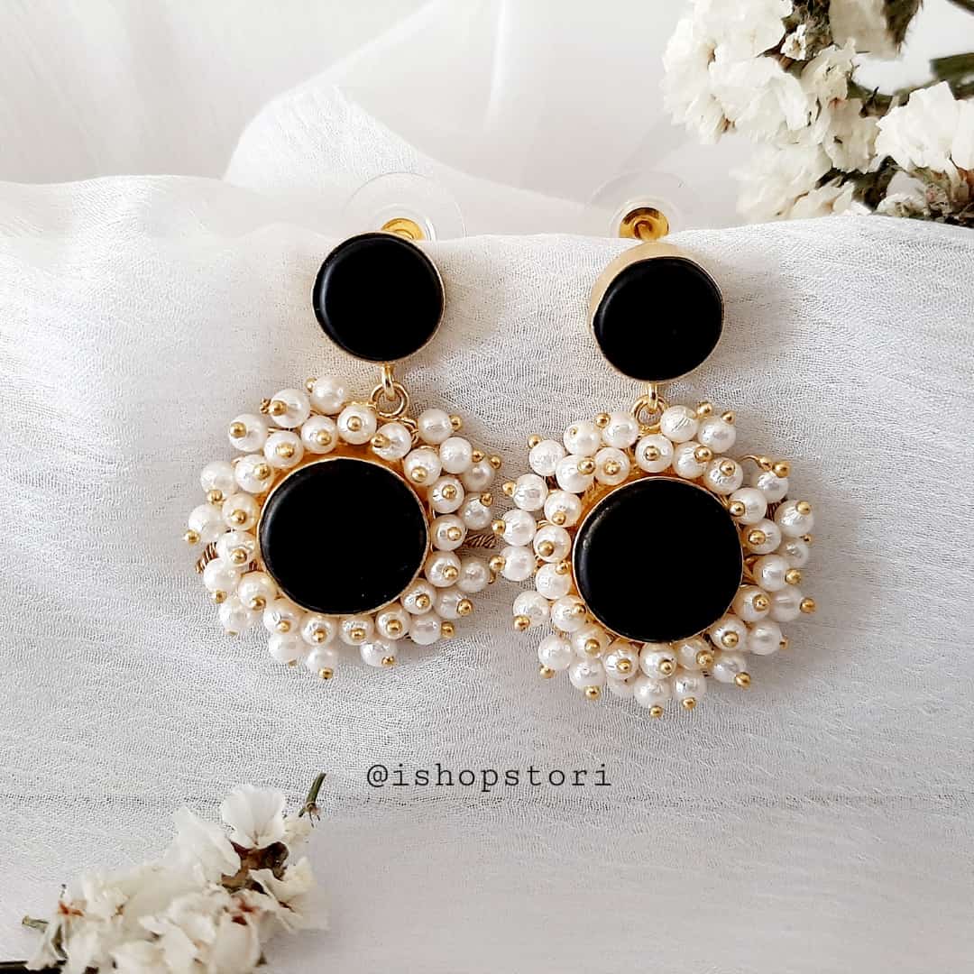 Brahmi Pearls Halo Raw Stone Earrings