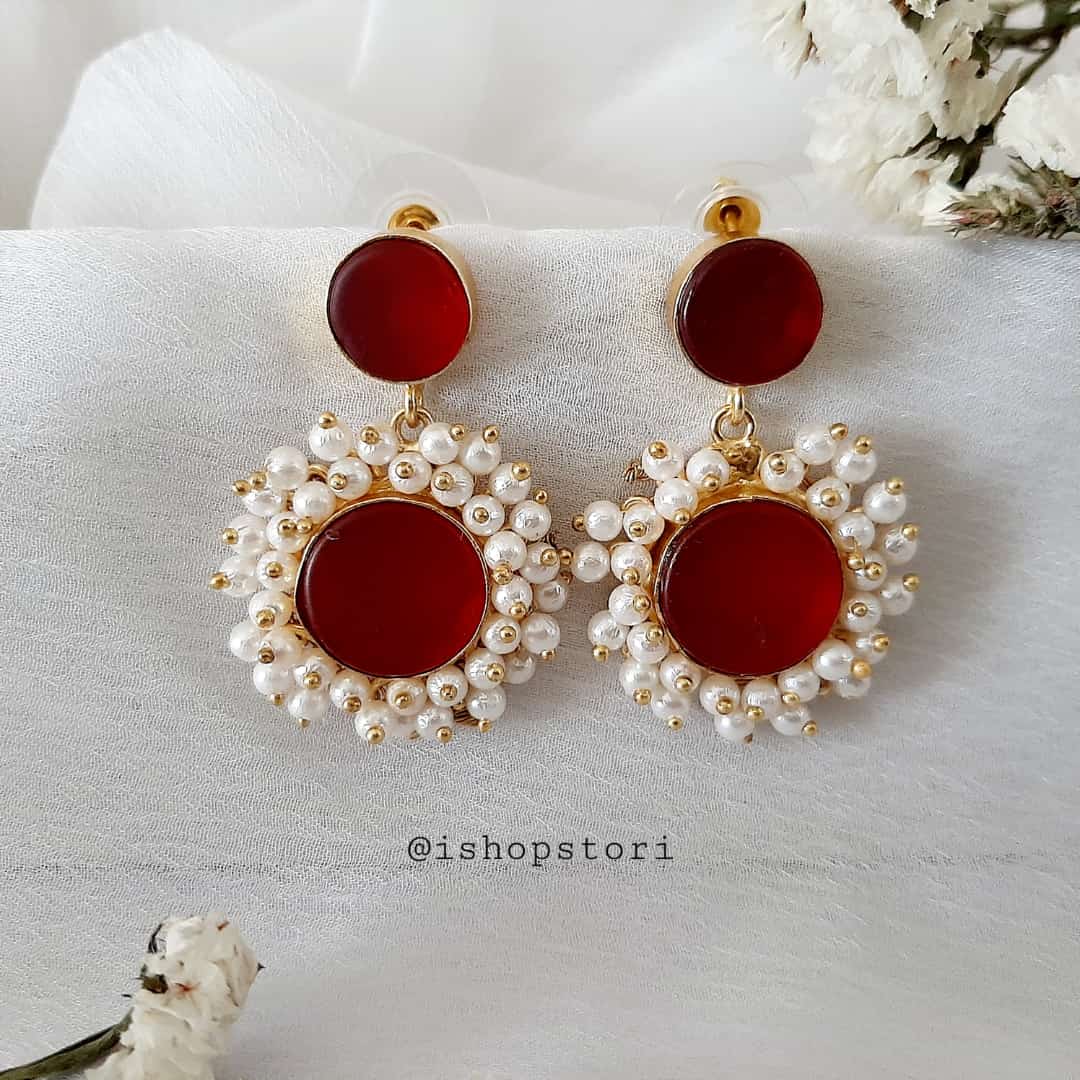 Brahmi Pearls Halo Raw Stone Earrings